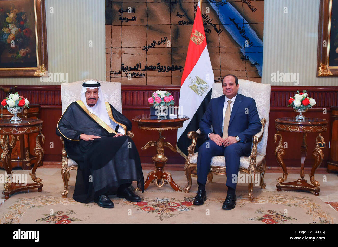 Cairo, Egypt. 11th April 2016. Saudi Arabia's King Salman at the end of an official 5-day state visit to Egypt meets with Egypt's President El-Sisi.  They signed a number of agreements, including building a bridge across the Red Sea to link the two countries, also linking Asia and Africa.  It was also announced that the sovereignty of two Red Sea islands at the mouth of the Gulf of Aqaba in the Red Sea, Tiran and Sanafir, were officially transferred to Saudi Arabia from Egypt. Credit:  Egyptian Presidency Handout Photo/Barry Iverson/Alamy Live News Stock Photo