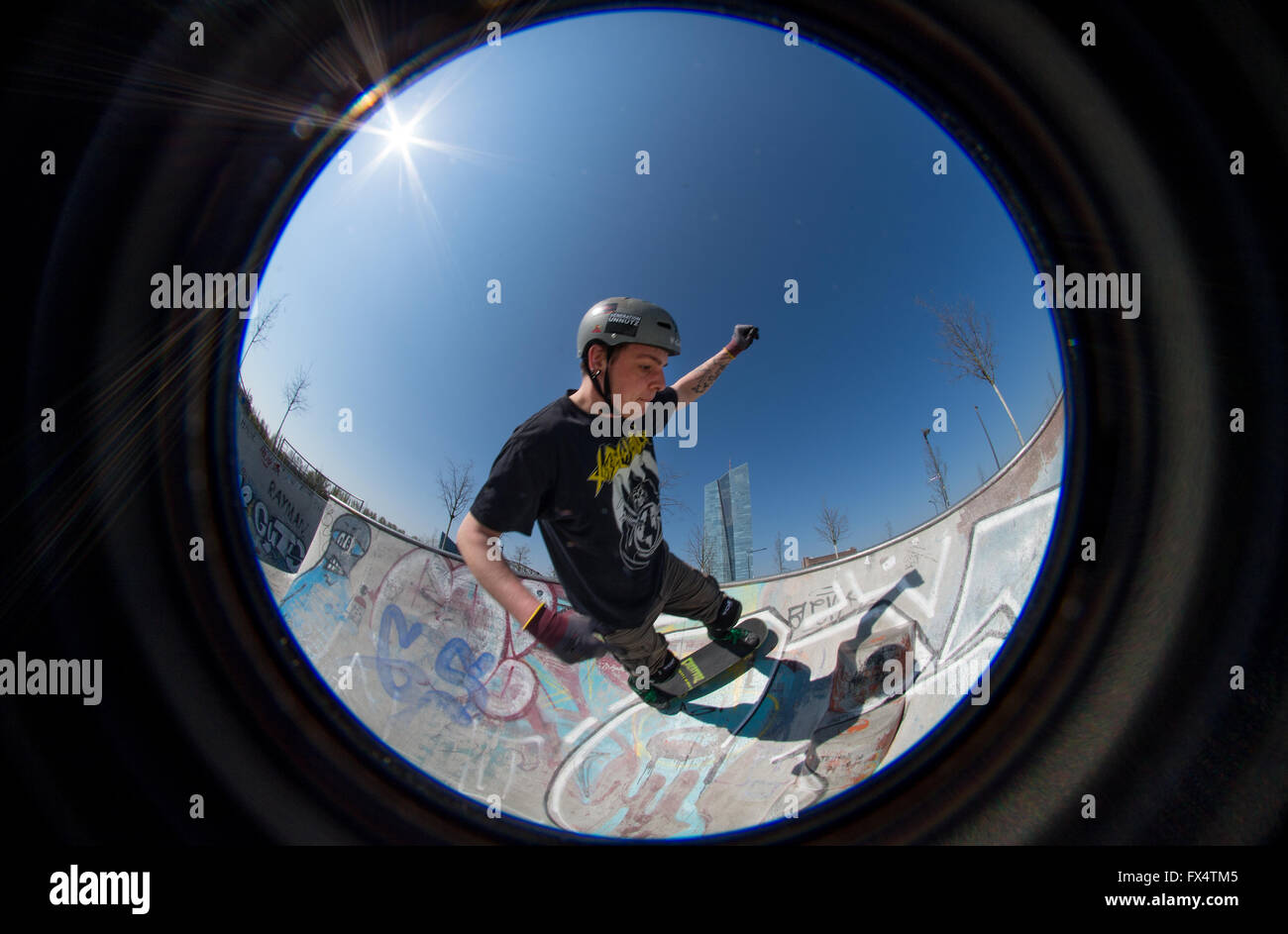 Alex practices on his skateboard at a skate park in Frankfurt am Main