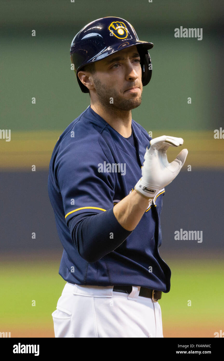 Milwaukee, WI, USA. 10th Apr, 2016. Milwaukee Brewers right fielder Ryan Braun #8 talks to the home plate umpire during the Major League Baseball game between the Milwaukee Brewers and the Houston Astros at Miller Park in Milwaukee, WI. Brewers defeated the Astros 3-2. John Fisher/CSM/Alamy Live News Stock Photo