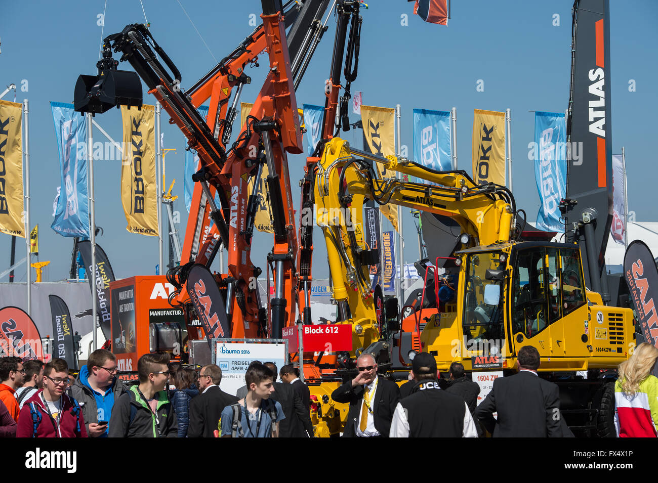 Munich, Germany. 11th Apr, 2016. Various construction vehicles pictured at the building fair Bauma in Munich, Germany, 11 April 2016. Photo: PETER KNEFFEL/dpa/Alamy Live News Stock Photo
