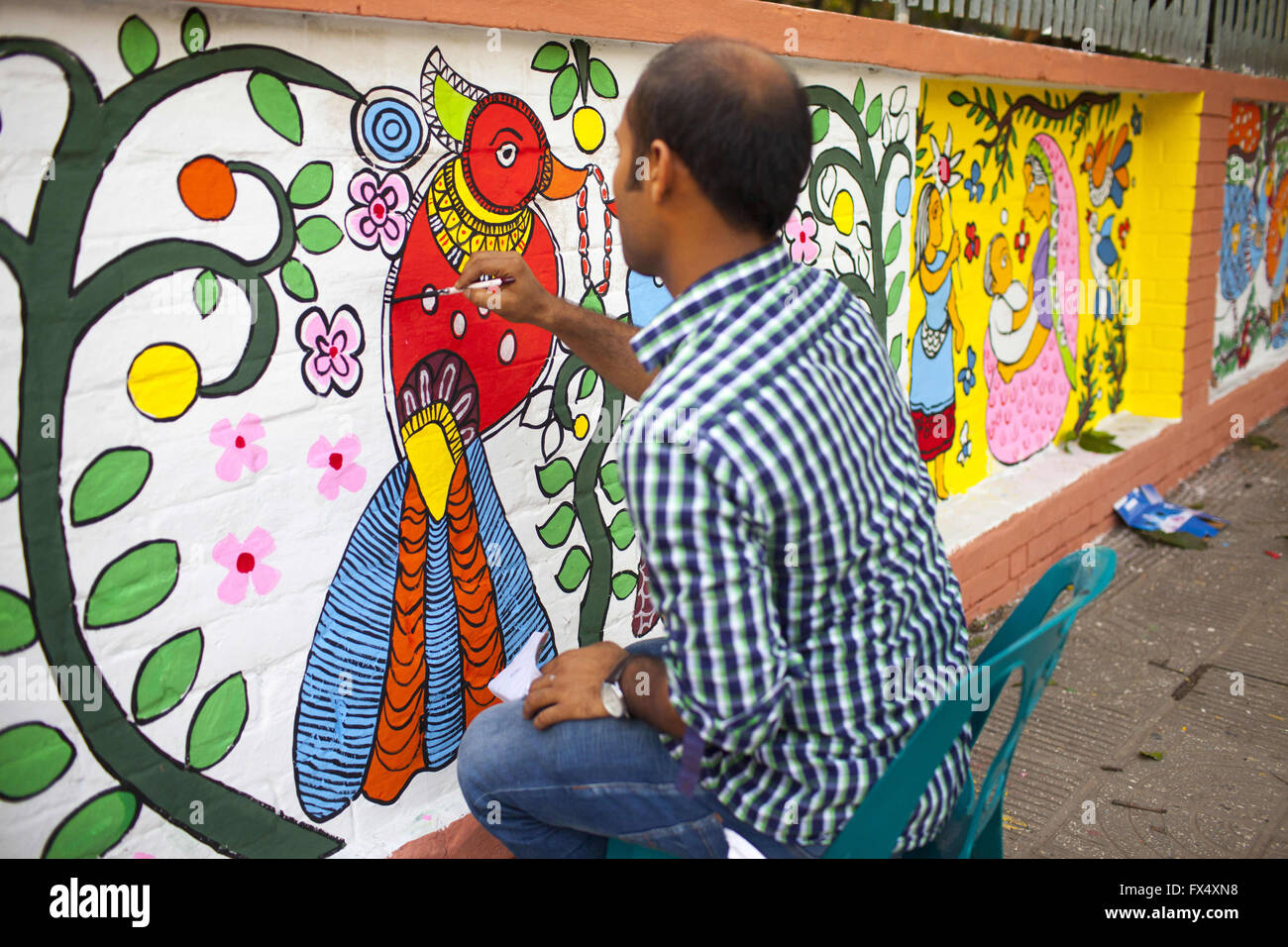 Dhaka, Dhaka, Bangladesh. 11th Apr, 2016. April 11, 2016 Dhaka, Bangladesh ''“ Dhaka University Art Institute student take colorful preparation to celebrate upcoming Bengali New Year 1423 in Dhaka. Pahela Baishakh (the first day of the Bangla month) can be followed back to its origins during the Mughal period when Emperor Akbar introduced the Bangla calendar to streamline tax collection while in the course of time it became part of Bengali culture and tradition. © K M Asad/ZUMA Wire/Alamy Live News Stock Photo