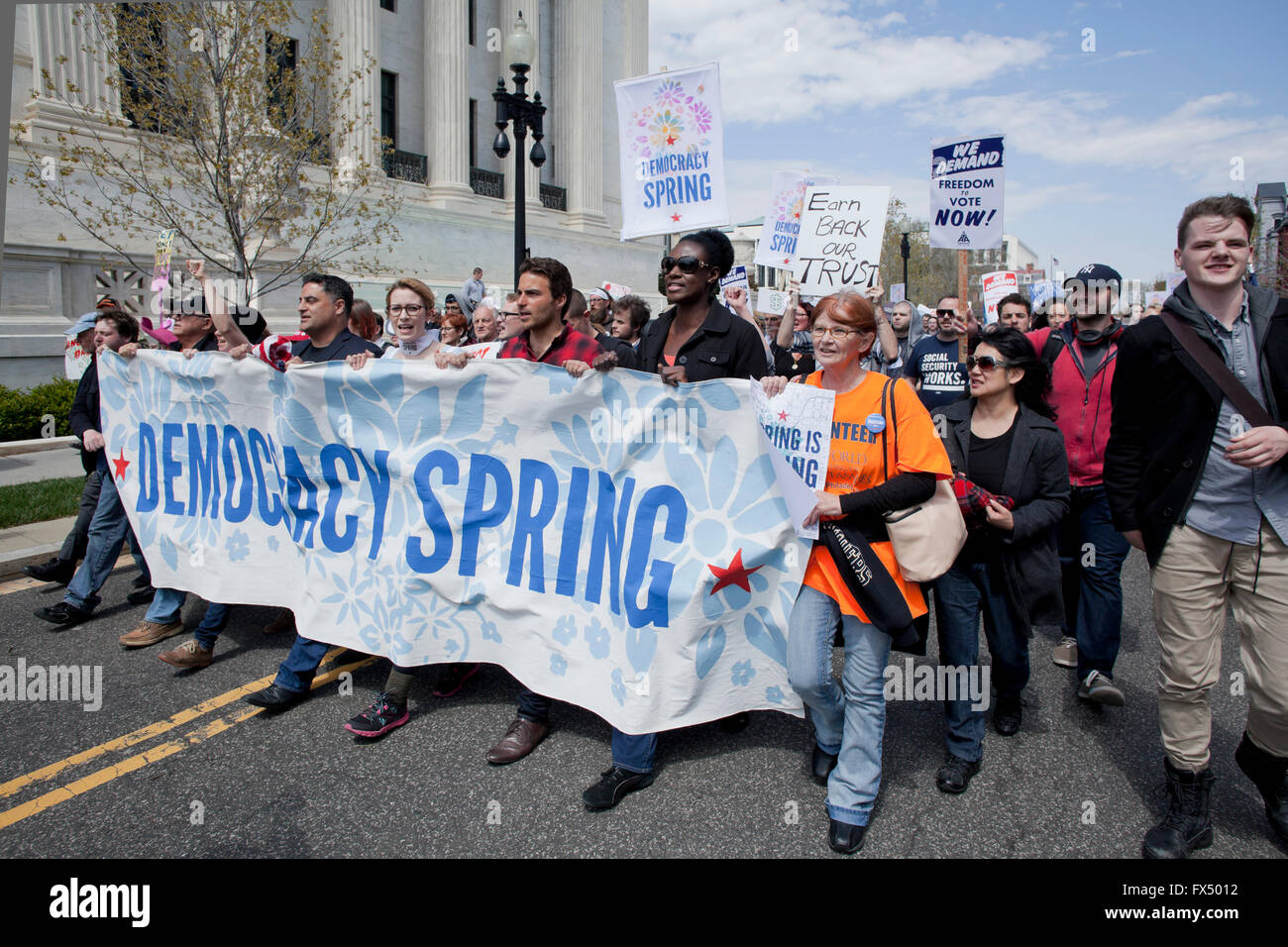 Washington, DC, USA. 11th April, 2016. Thousands of Democracy Spring activists from across the country protest and march to the Capitol building.  The protesters demanded fairer elections, politics free from corporate influence, the expansion and protection of voting rights, and the assurance of equal voice in government by all Americans. Credit:  B Christopher/Alamy Live News Stock Photo