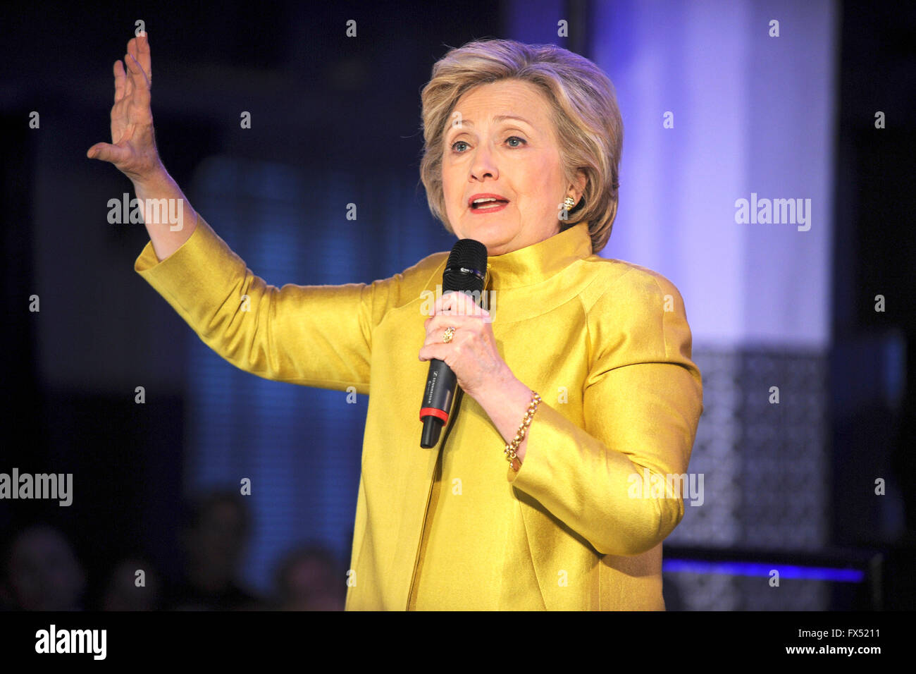 Former United States Secretary of State Hillary Rodham Clinton, a candidate for the Democratic Party nomination for President of the United States, speaks at the Café & Community in Brooklyn, New York on Sunday April 10, 2016. Stock Photo