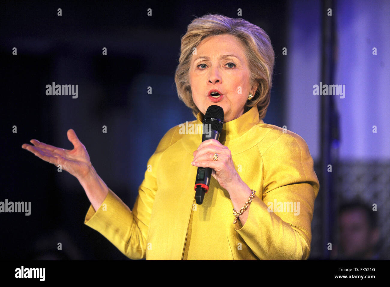 Former United States Secretary of State Hillary Rodham Clinton, a candidate for the Democratic Party nomination for President of the United States, speaks at the Café & Community in Brooklyn, New York on Sunday April 10, 2016. Stock Photo