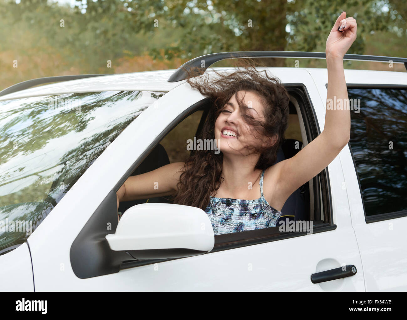 Girl Driver Inside Car Having Fun Look Into The Distance - 