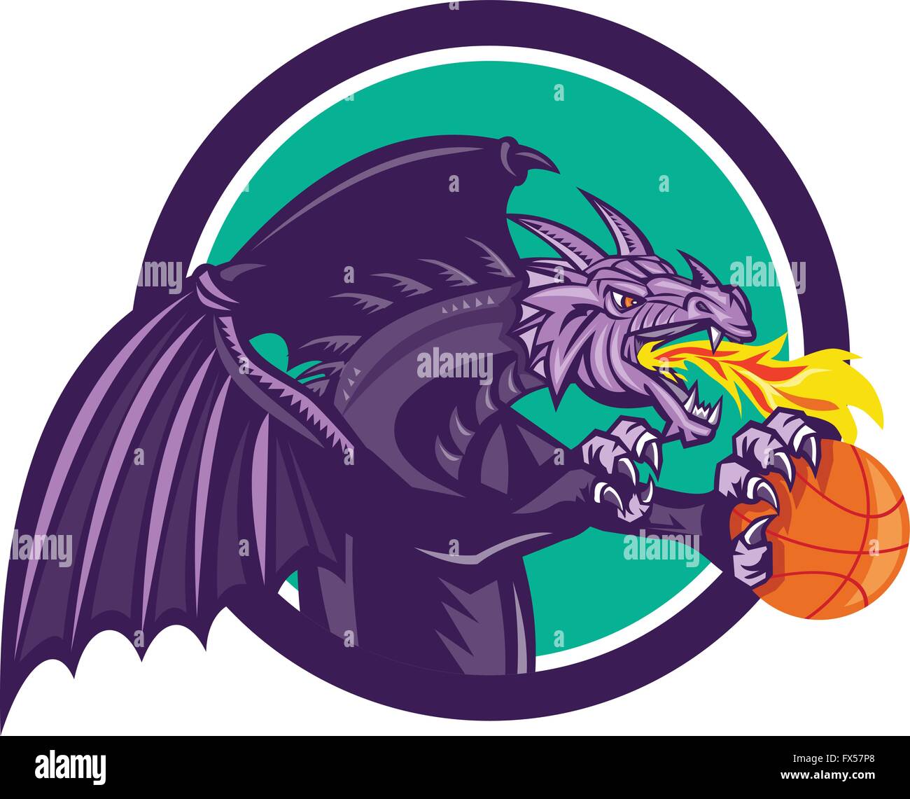 Illustration of a purple dragon breathing fire clutching holding an orange basketball viewed from the side set inside circle on Stock Vector
