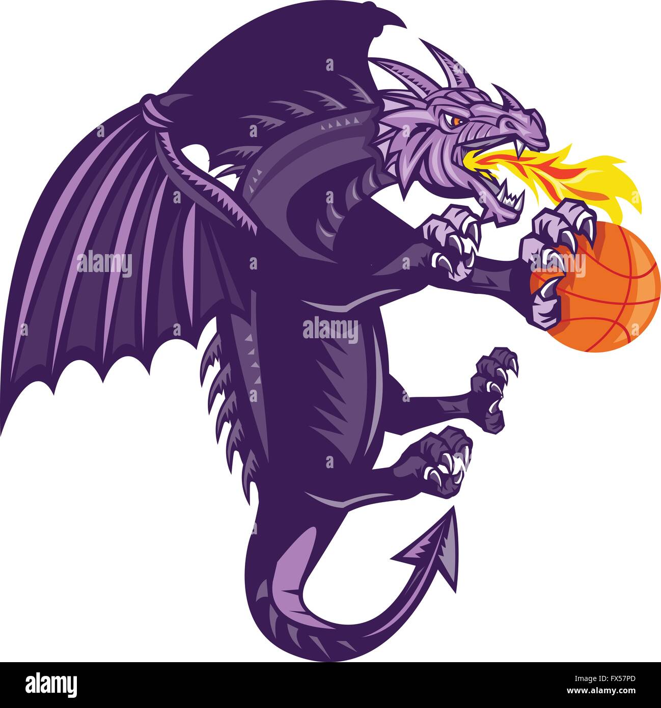 Illustration of a purple dragon breathing fire clutching holding an orange basketball viewed from the side set on isolated white background done in retro style. Stock Vector