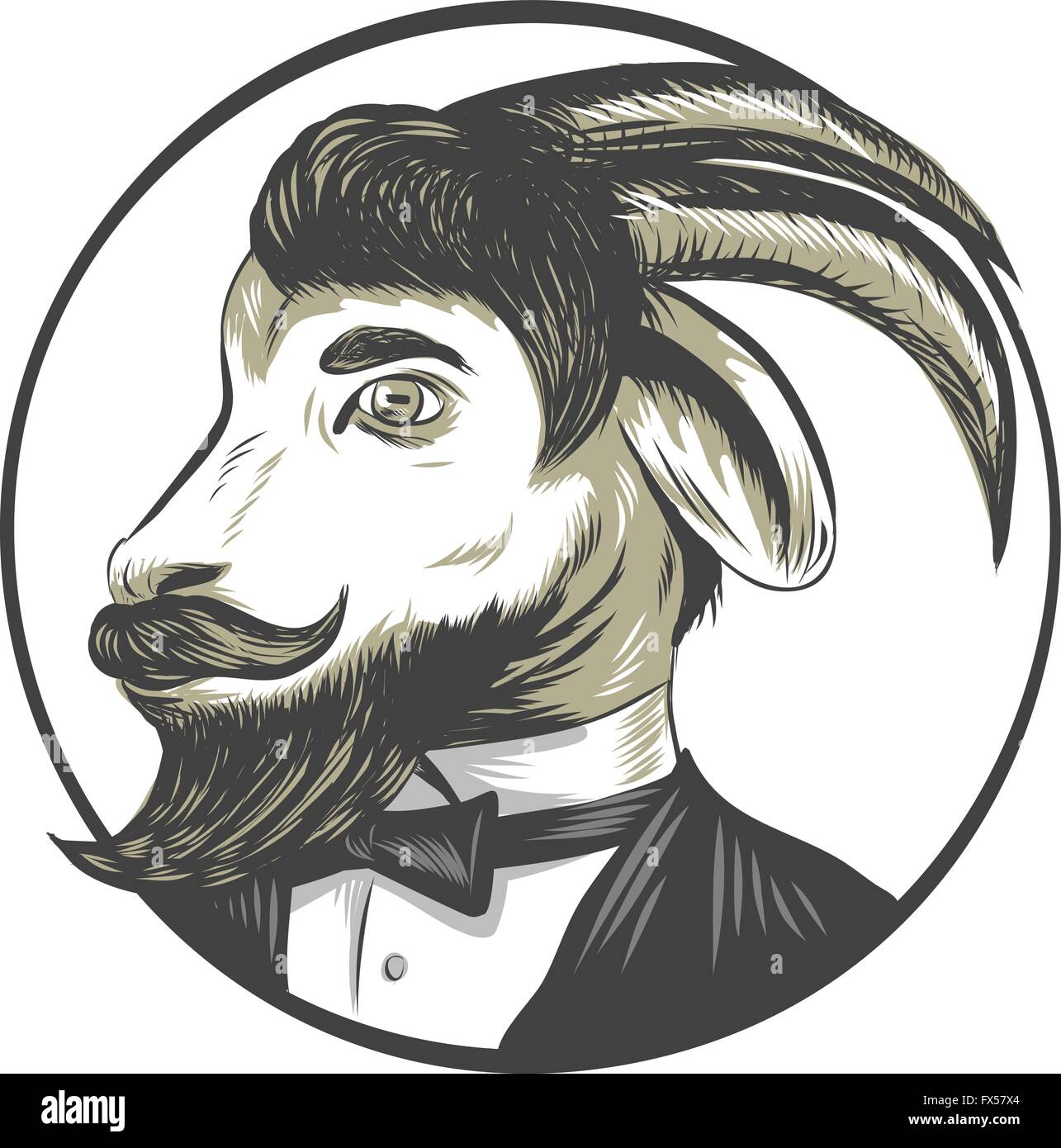 Drawing sketch style illustration of a goat ram with big horns and moustache beard owearing tie tuxedo suit looking to the side Stock Vector