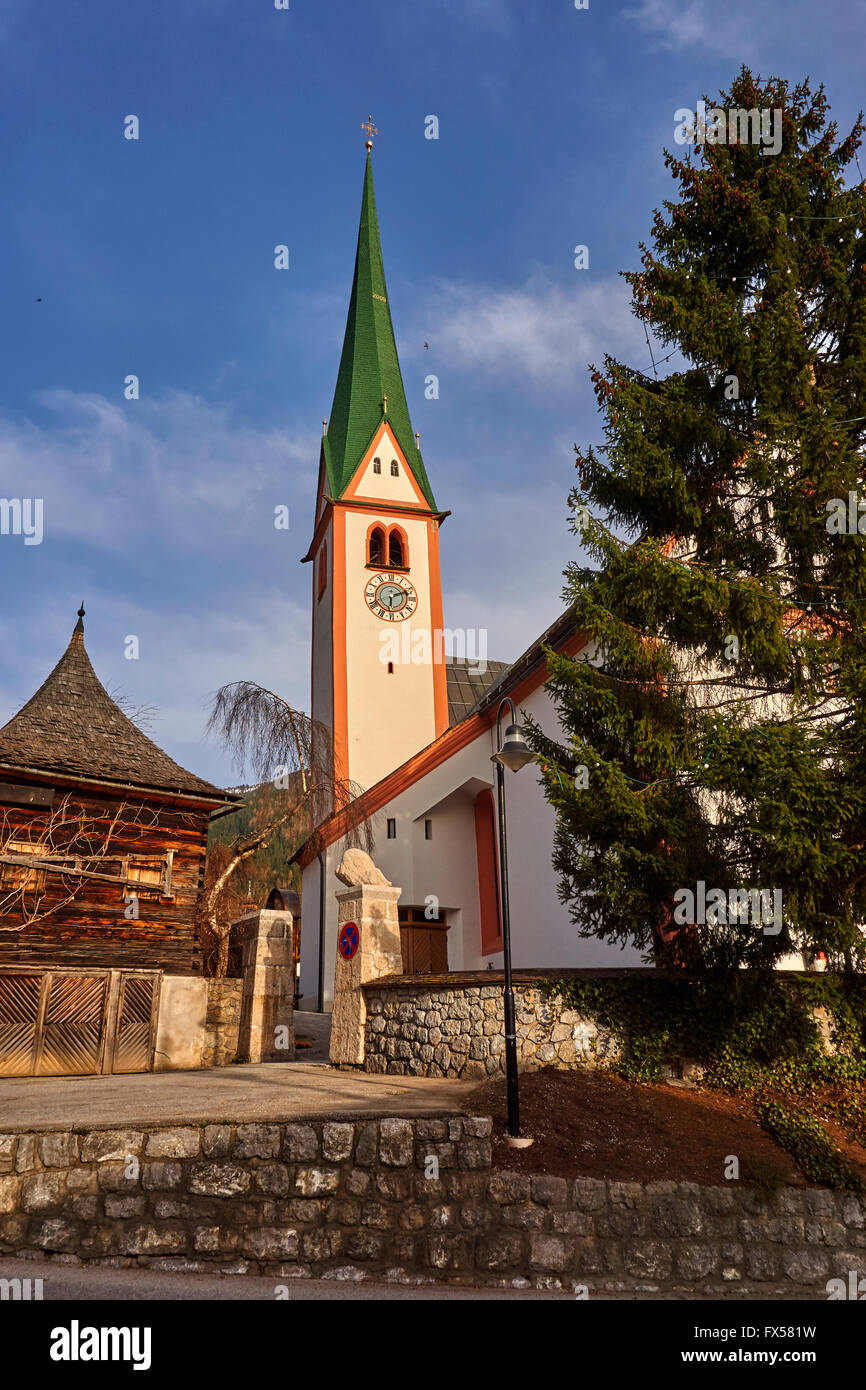 St Oswald's Church in Alpbach village, Tyrol region of Austria. Austria's prettiest village and well known ski resort. Stock Photo