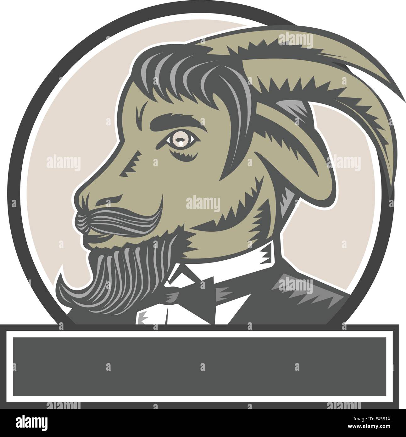 Illustration of a goat ram head with big horns and moustache beard wearing tuxedo suit looking to the side set inside circle done in retro woodcut style. Stock Vector