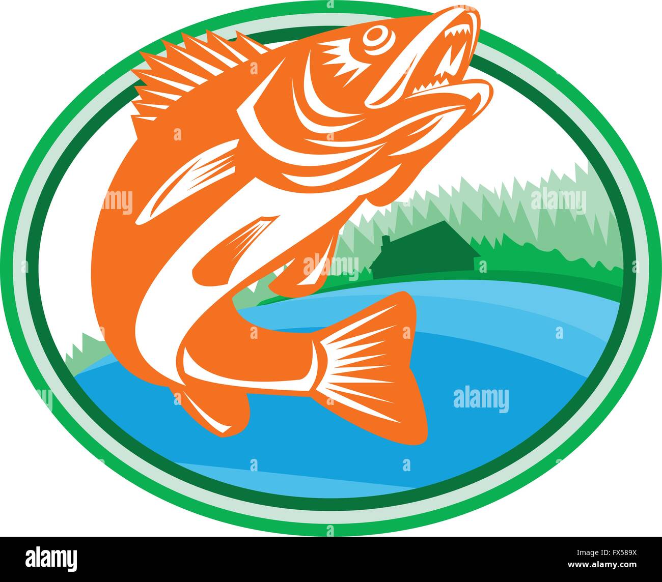 Illustration of a Walleye (Sander vitreus, formerly Stizostedion vitreum), a freshwater perciform fish with lake and cabin in the woods in the background set inside oval shape done in retro style. Stock Vector