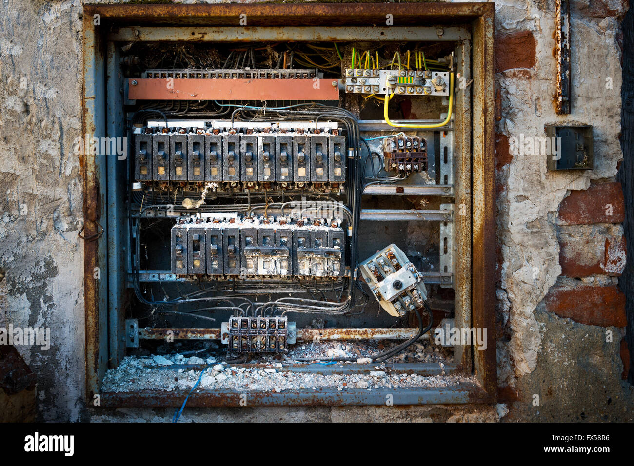 a detail of old broken circuit breakers Stock Photo Alamy
