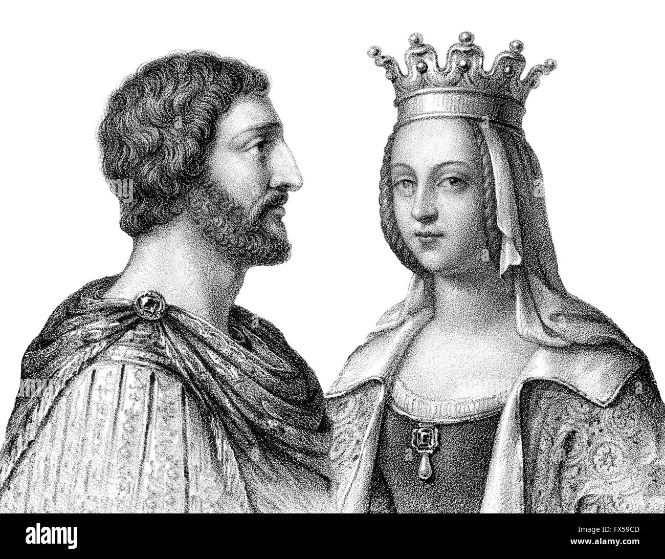 Charlemagne, Charles the Great or Carolus Magnus, 747-814, King of the Franks and Emperor of the Romans, and his wife Hildegarde Stock Photo