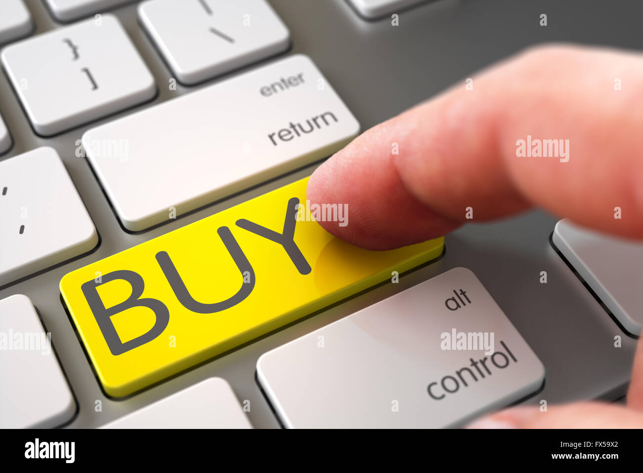 Hand Touching Buy Button. Stock Photo