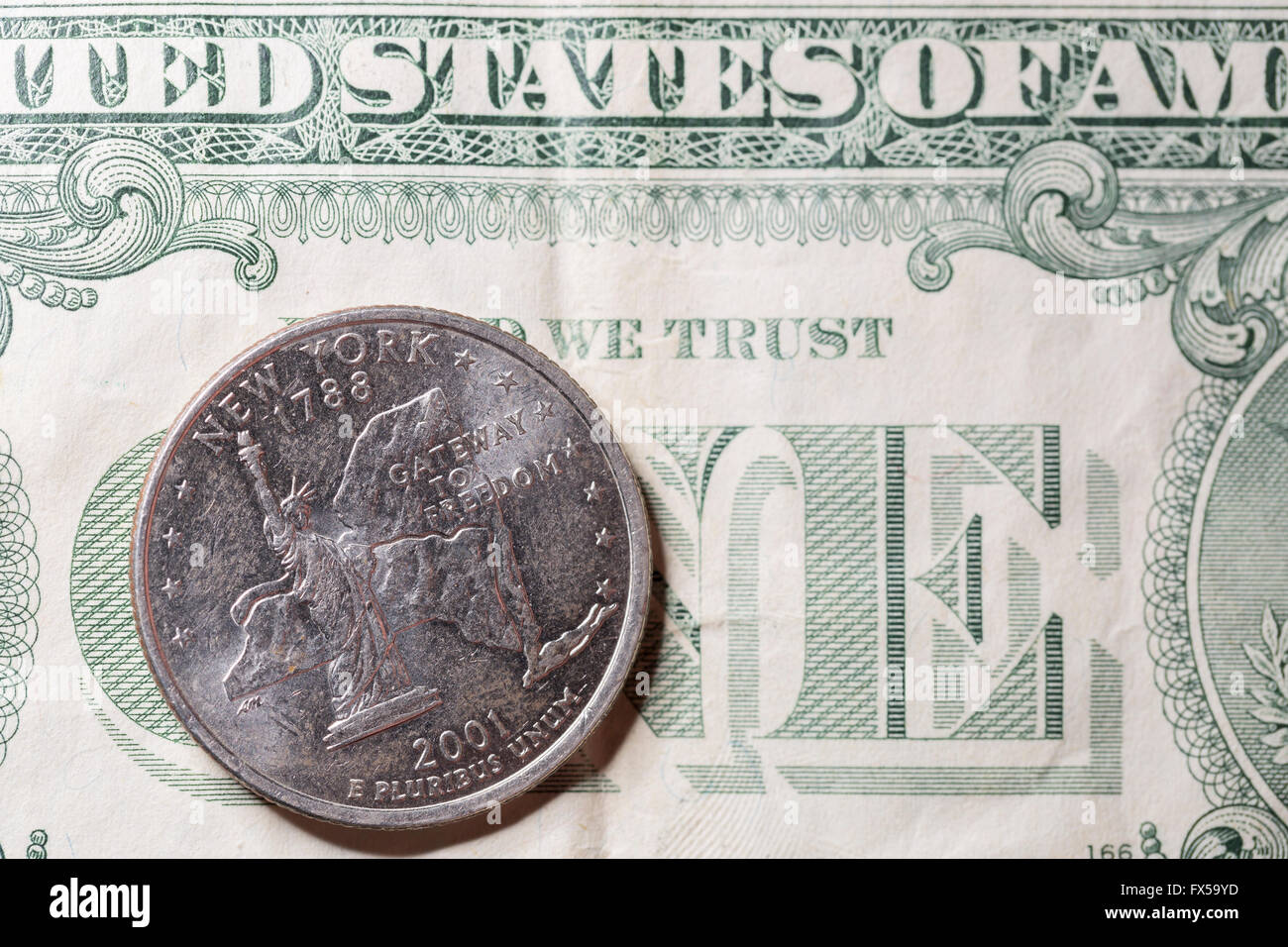 US New York Quarter on One Dollar Bill close up Stock Photo Alamy