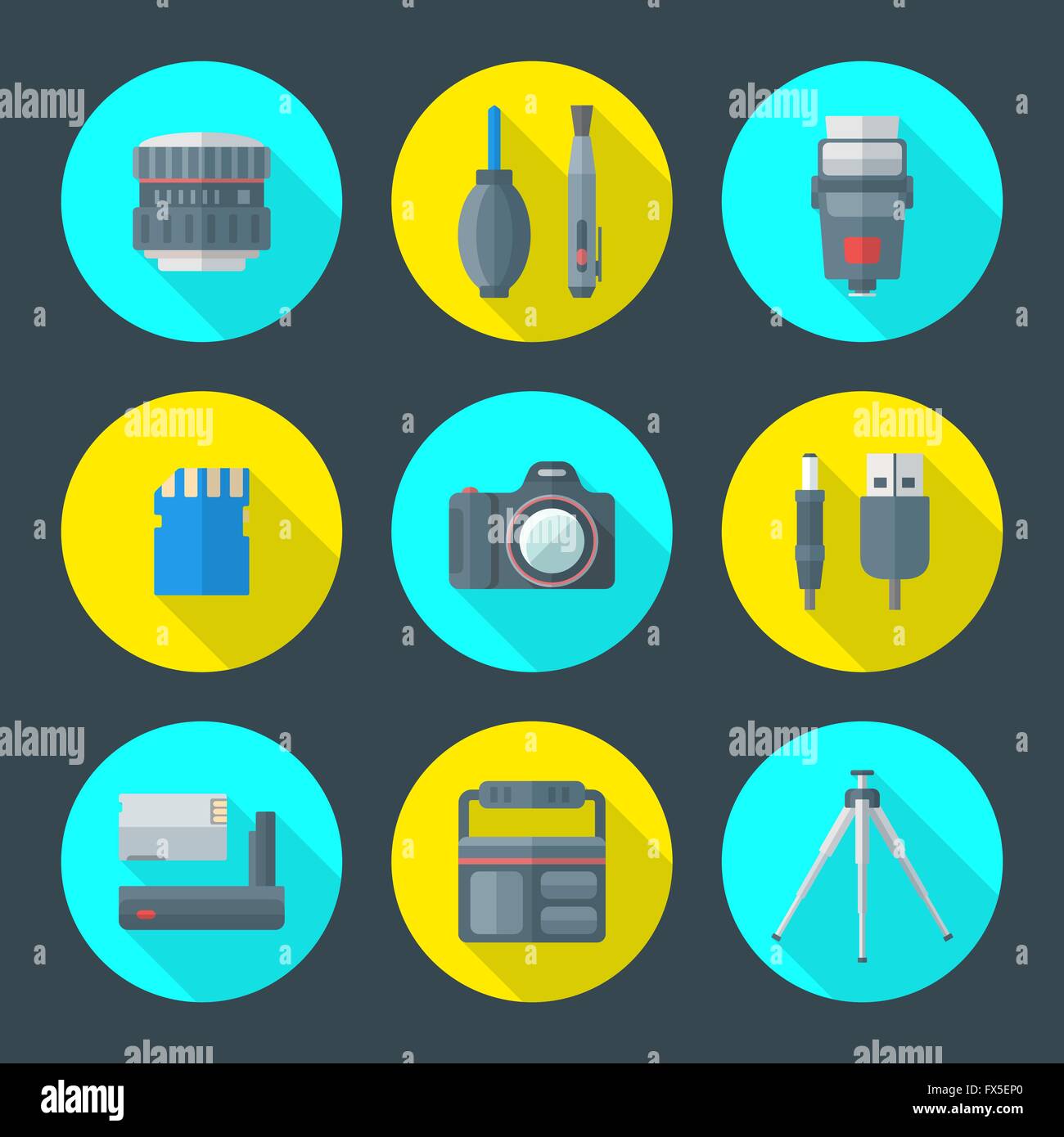 vector colorful flat design various photography icons with lens, cleaning tools, flash bulb, memory card, digital camera, connec Stock Vector