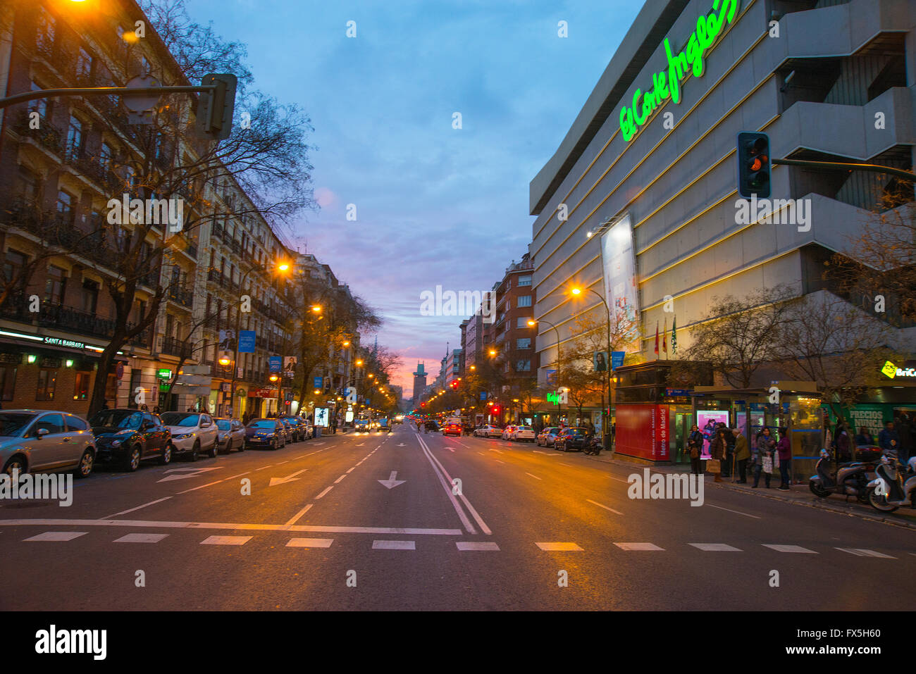 Goya street and El Corte Ingles shopping center at nightfall. Madrid, Spain. Stock Photo