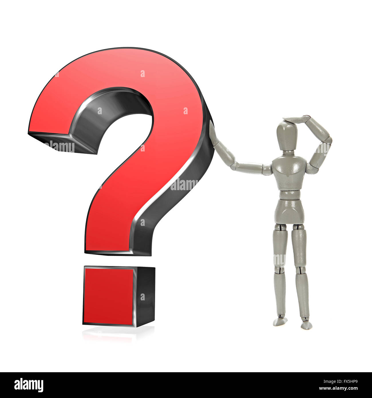 Grey mannequin with big red question mark isolated on white Stock Photo