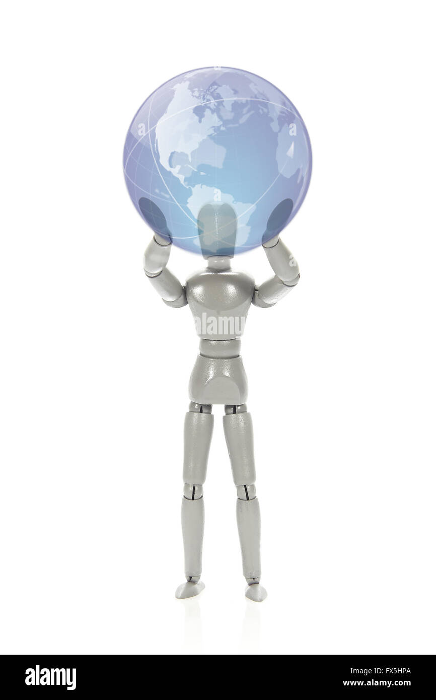 Grey mannequin holding a globe on a white background Stock Photo