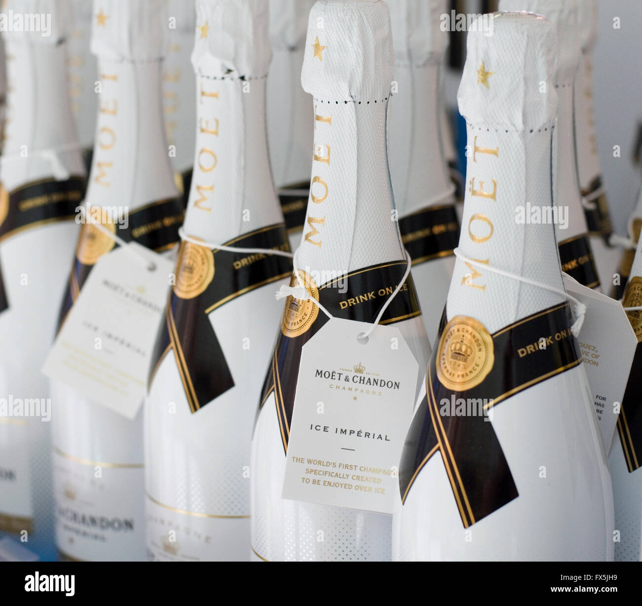 Rows of Moet Et Chandon champagne bottles. Ice Imperial - designed to be drunk over ice. Stock Photo