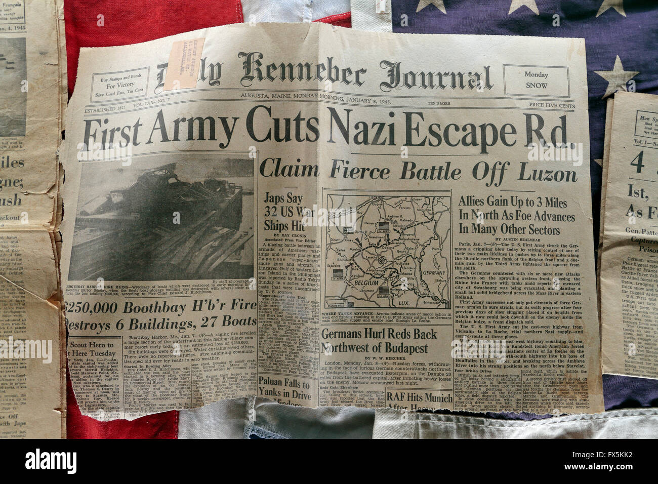 Daily Kennebec Journal front page during the Battle of the Bulge, Monday 8 Jan 1945, Bastogne War Museum, Bastogne, Belgium. Stock Photo
