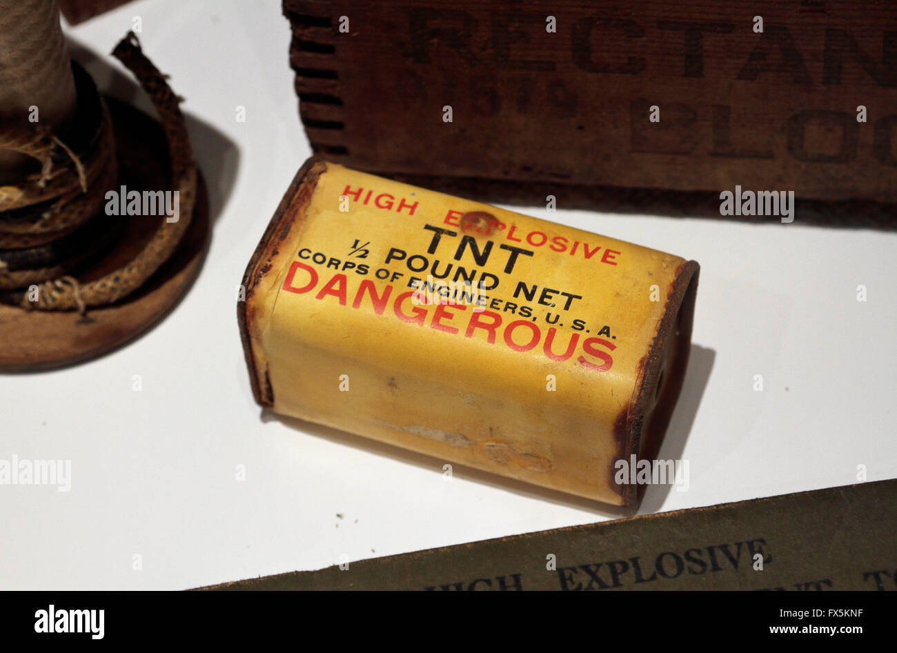 US Corps of Engineers half pound of TNT high explosives on display in the Bastogne War Museum, Bastogne, Belgium. Stock Photo
