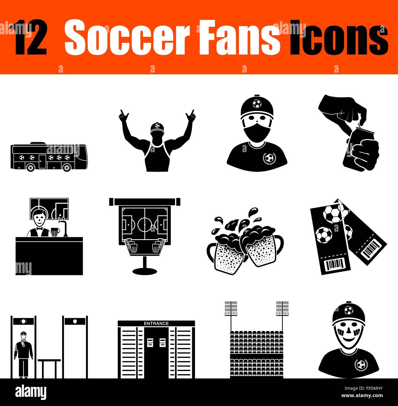 Set of twelve soccer fans black icons. Vector illustration Stock Vector