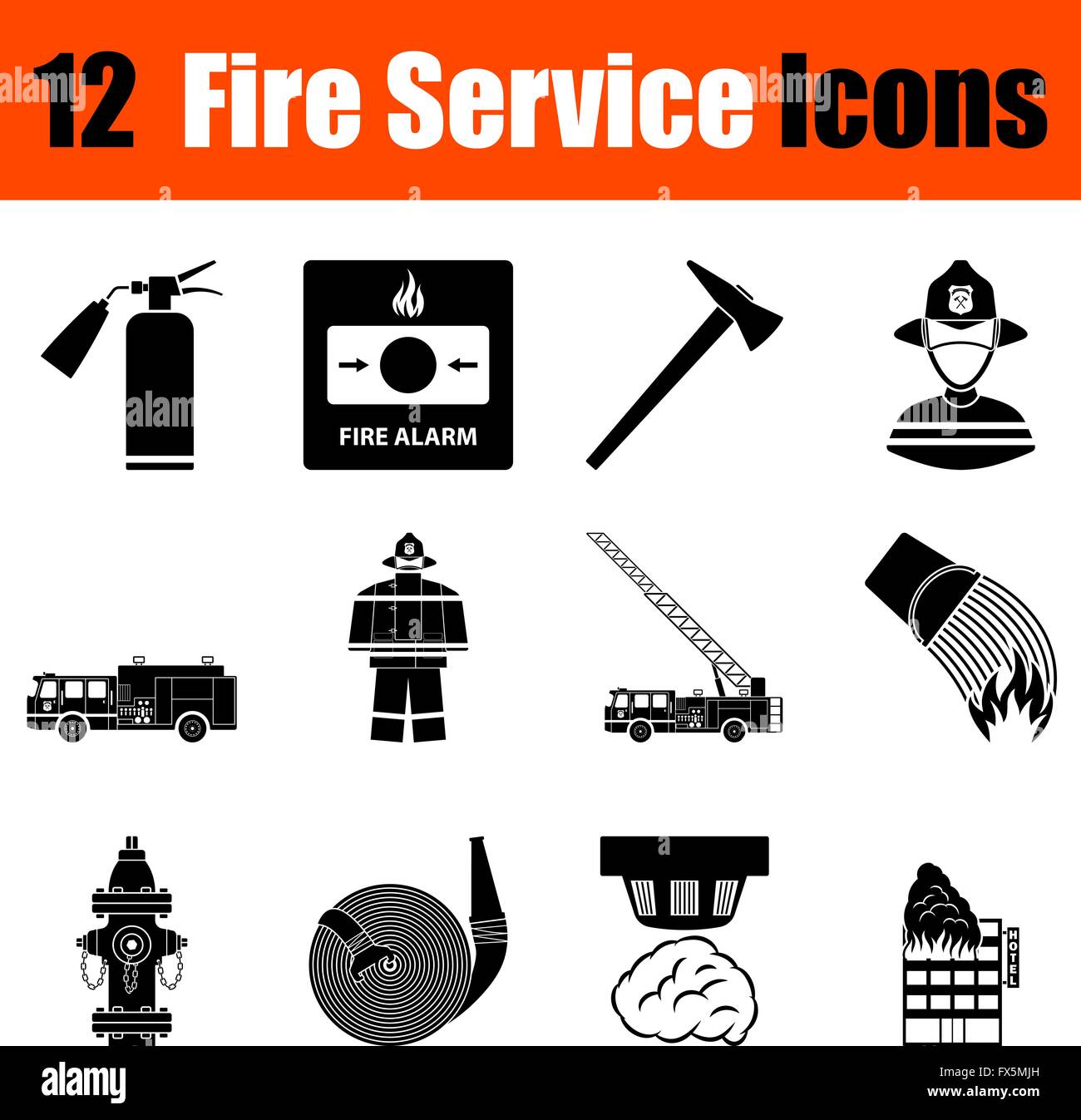 Set of twelve fire service black icons. Vector illustration Stock ...