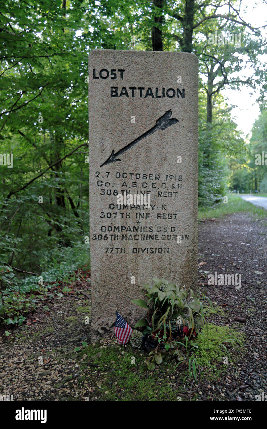 Monument to 'The Lost Battalion' on the Apremont-Binarville Road, Argonne Forest, France. Stock Photo