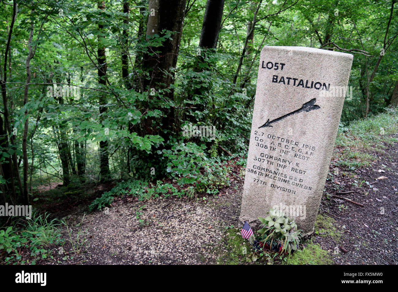 Monument to 'The Lost Battalion' on the Apremont-Binarville Road, Argonne Forest, France. Stock Photo