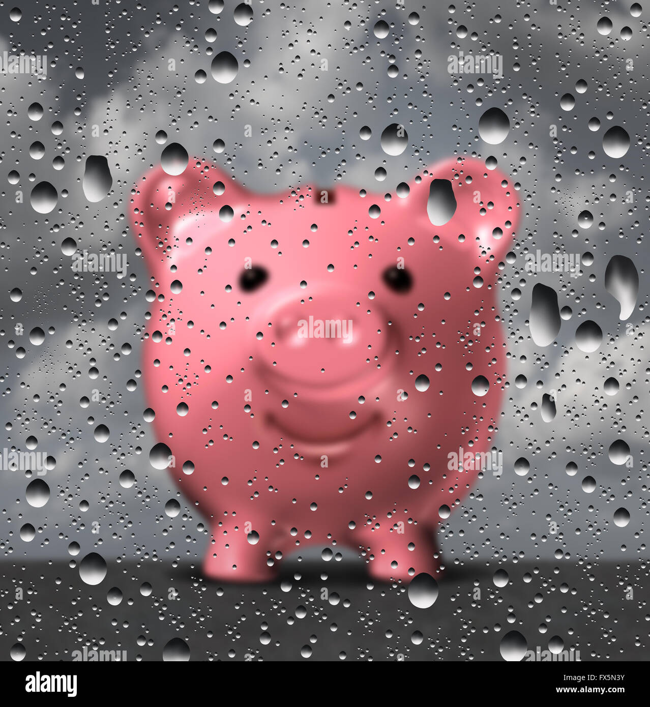 Rainy day fund as a piggy bank holding money set aside for financial challenges as a 3D illustration of a piggy bank as a glass Stock Photo