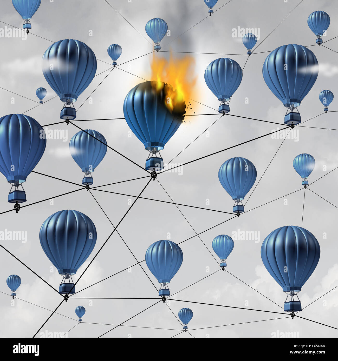 Network connection failure business concept as a burning air balloon burning up in a group of connected air balloons breaking the link in a communication structure as a 3D illustration. Stock Photo