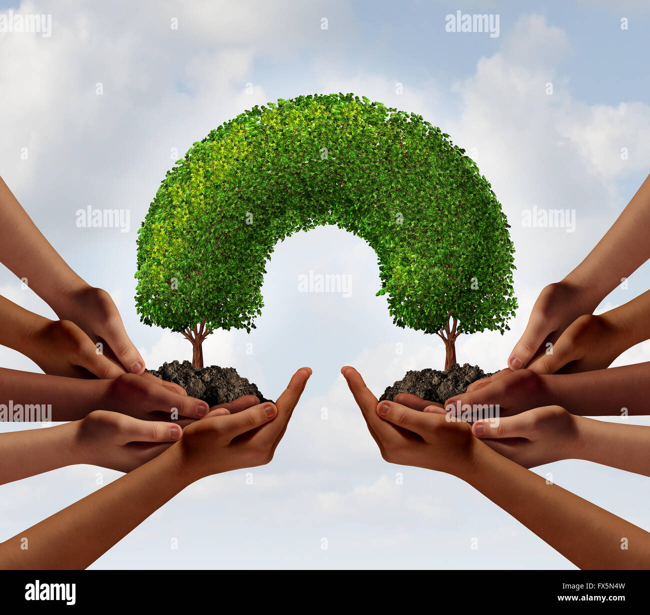 Group success business concept as two groups of diverse people making a connection with 3D illustration trees that link together as a metaphor for global cooperation or environment teamwork. Stock Photo
