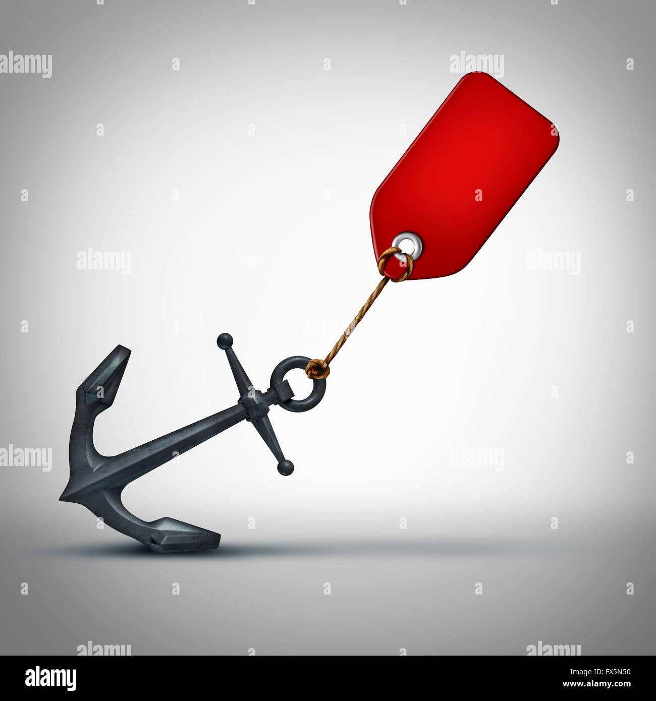 Sales problem business concept as a price tag pulling on a heavy anchor as a financial crisis metaphor and slow economy or sluggish retail selling symbol as a 3D illustration icon. Stock Photo