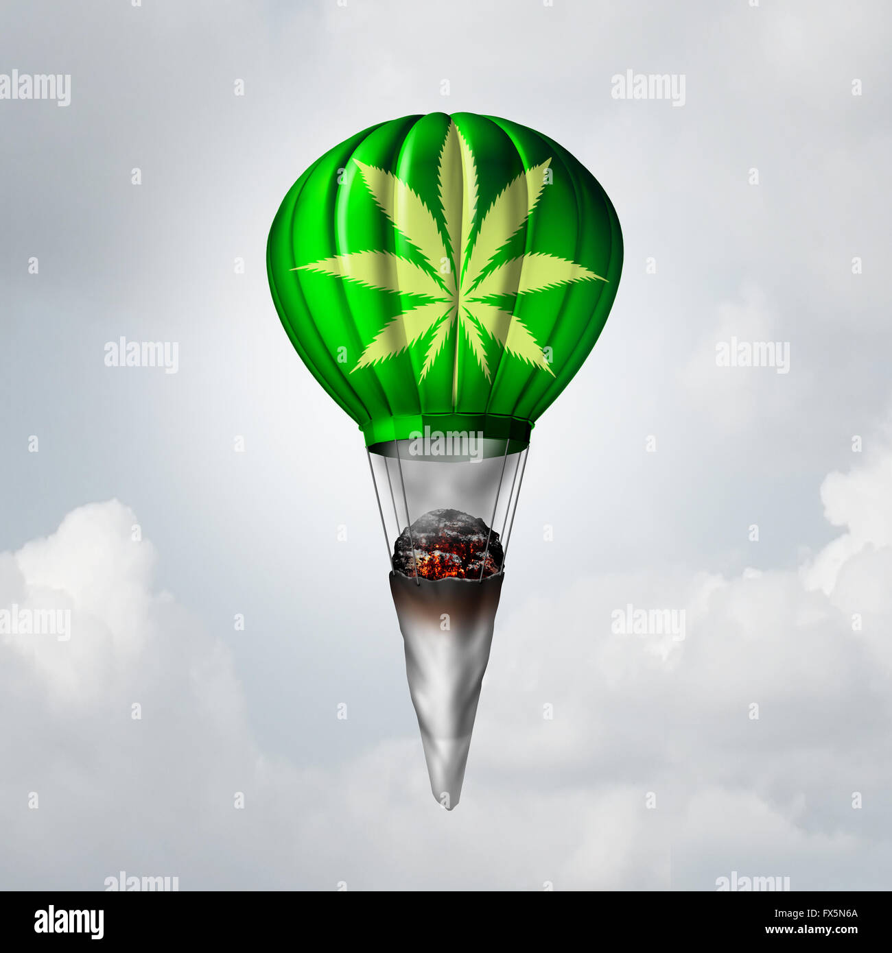 Marijuana joint concept as a rolled pot lit up with smoke coming out and tied to a rising 3D illustration air balloon as a metaphor for getting high on a recreational drug or the rise of medicinal cannabis symbol. Stock Photo