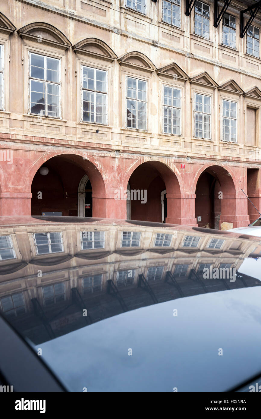 Reflections of a historical house in a car on the street, Pohorelec, Prague, Czech republic Stock Photo