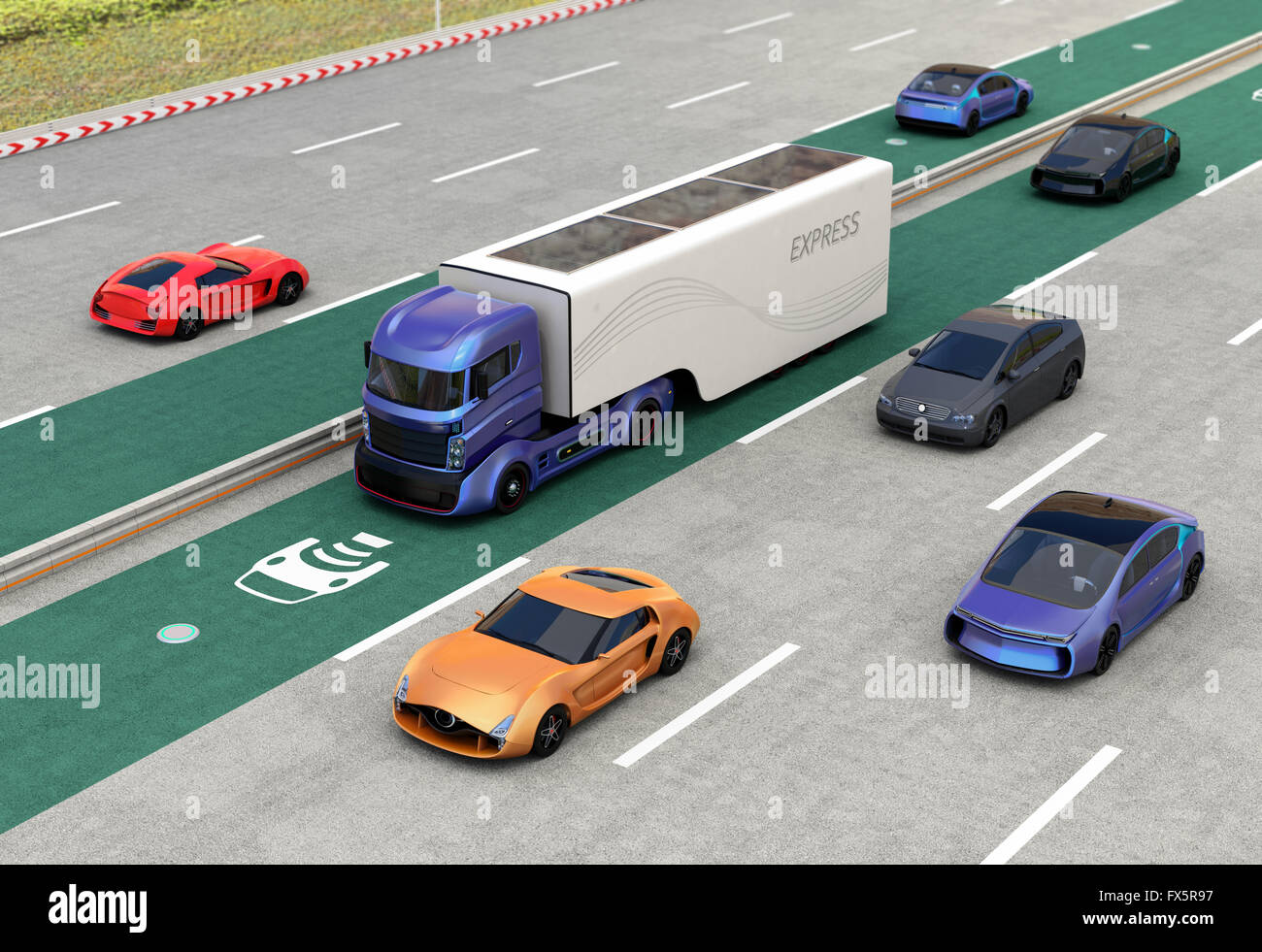 Hybrid truck and blue electric car on wireless charging lane. 3D rendering image. Stock Photo