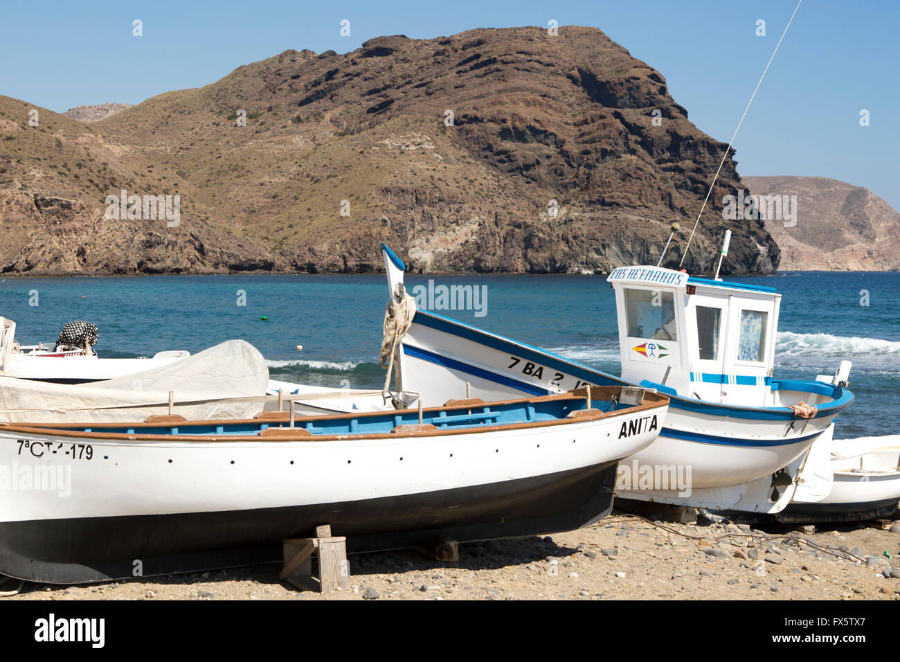 Fishing boats and see at Las Negras, Cabo de Gata natural park, Almeria, Spain Stock Photo