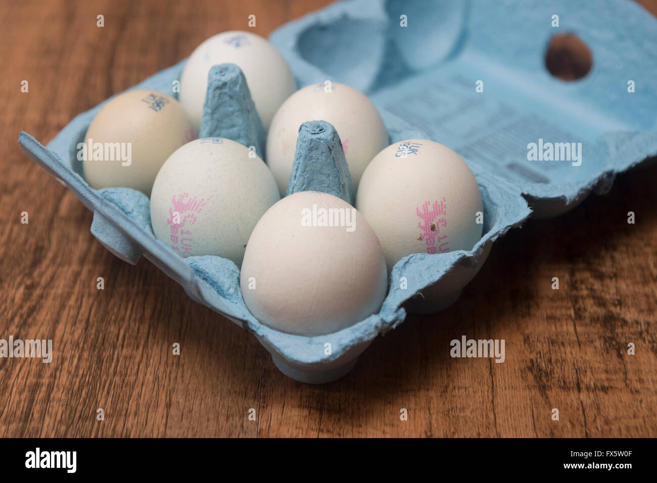 Half dozen Araucana chicken eggs in a box Stock Photo