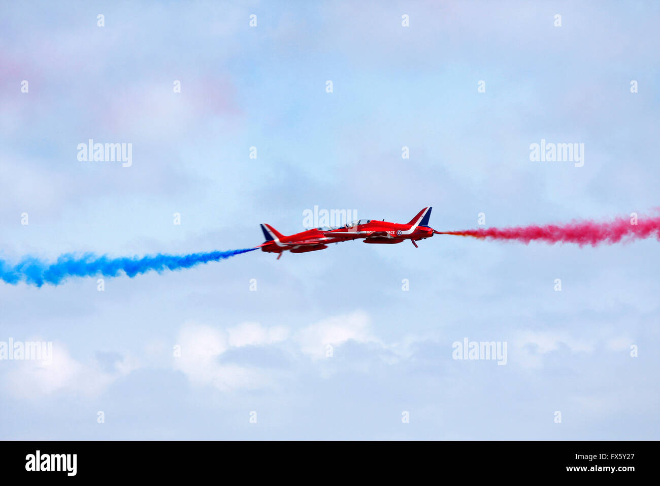 Red Arrows synchro pair, Swansea air show, South Wales, UK Stock Photo