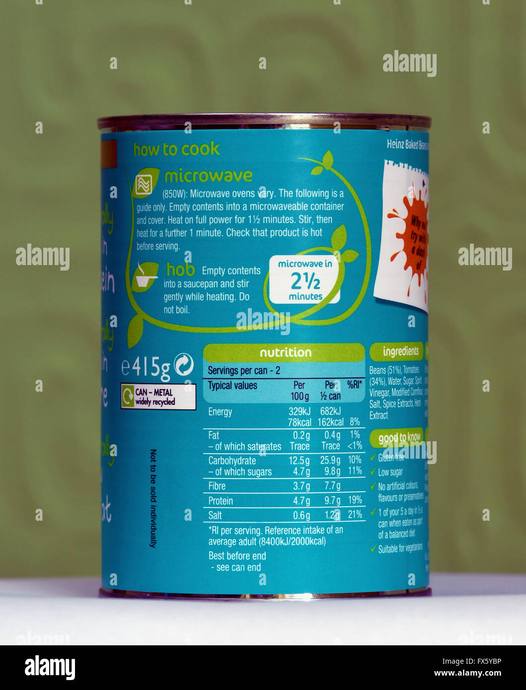 Nutritional Information and Cooking Instructions. Can of Heinz Baked Beanz. Stock Photo
