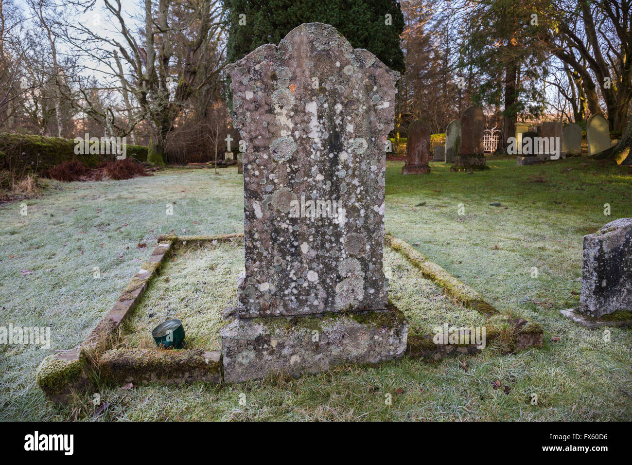 Lichens colonising gravestone, St Aidan's church, Low Thorneyburn, Tarset, Northumberland Stock Photo