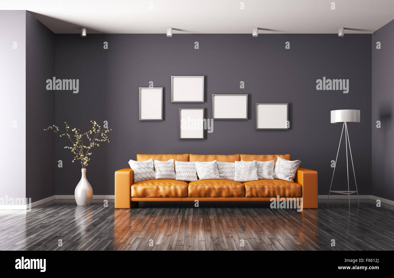Modern interior of living room with orange sofa, floor lamp 3d