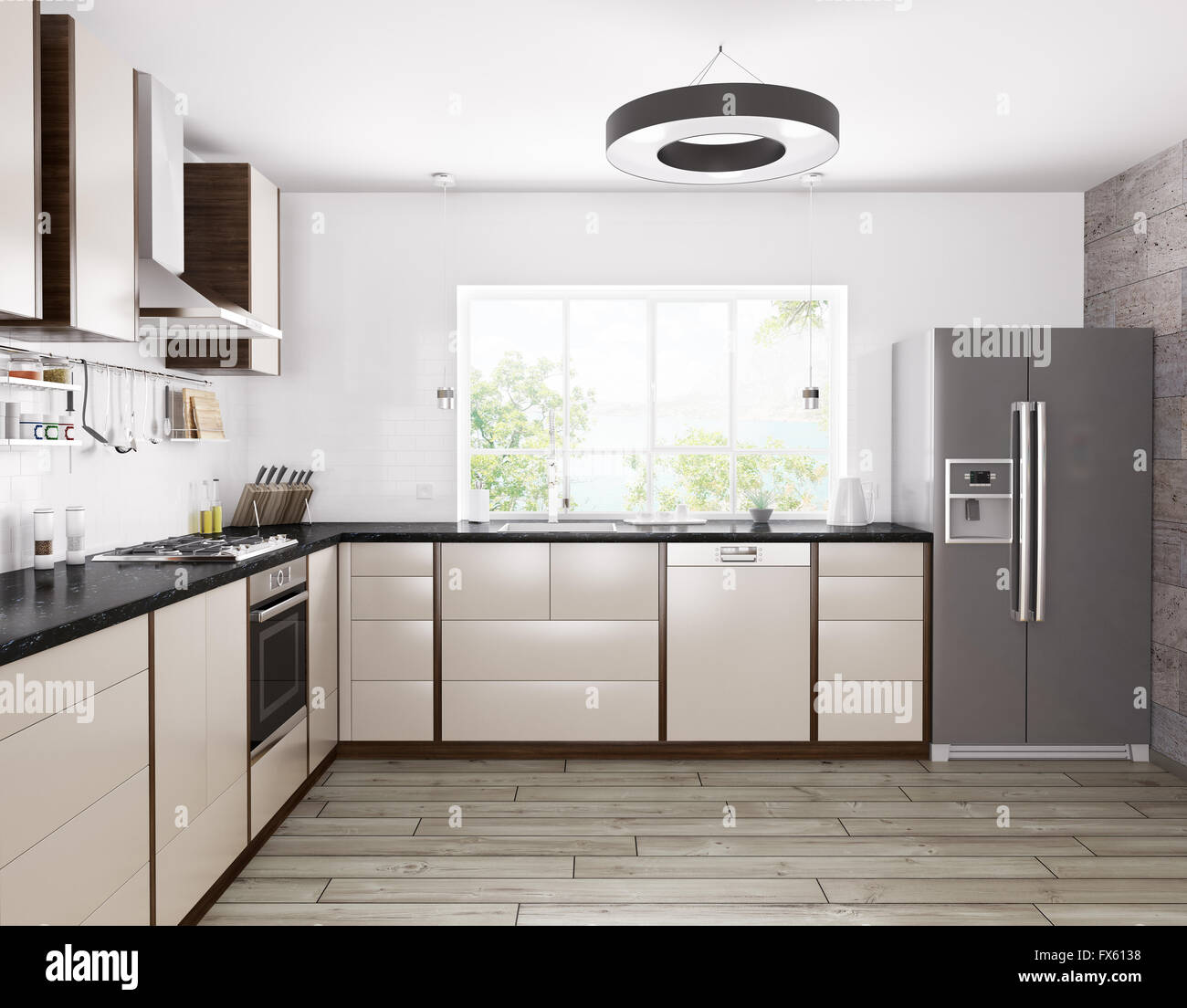 Interior of modern kitchen, fridge,dishwasher,oven 3d rendering Stock Photo