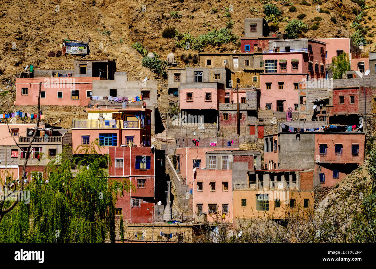 The village of Setti-Fatma in the foothills of the Atlas Mountains in the Ourika Valley, Morocco, North Africa Stock Photo