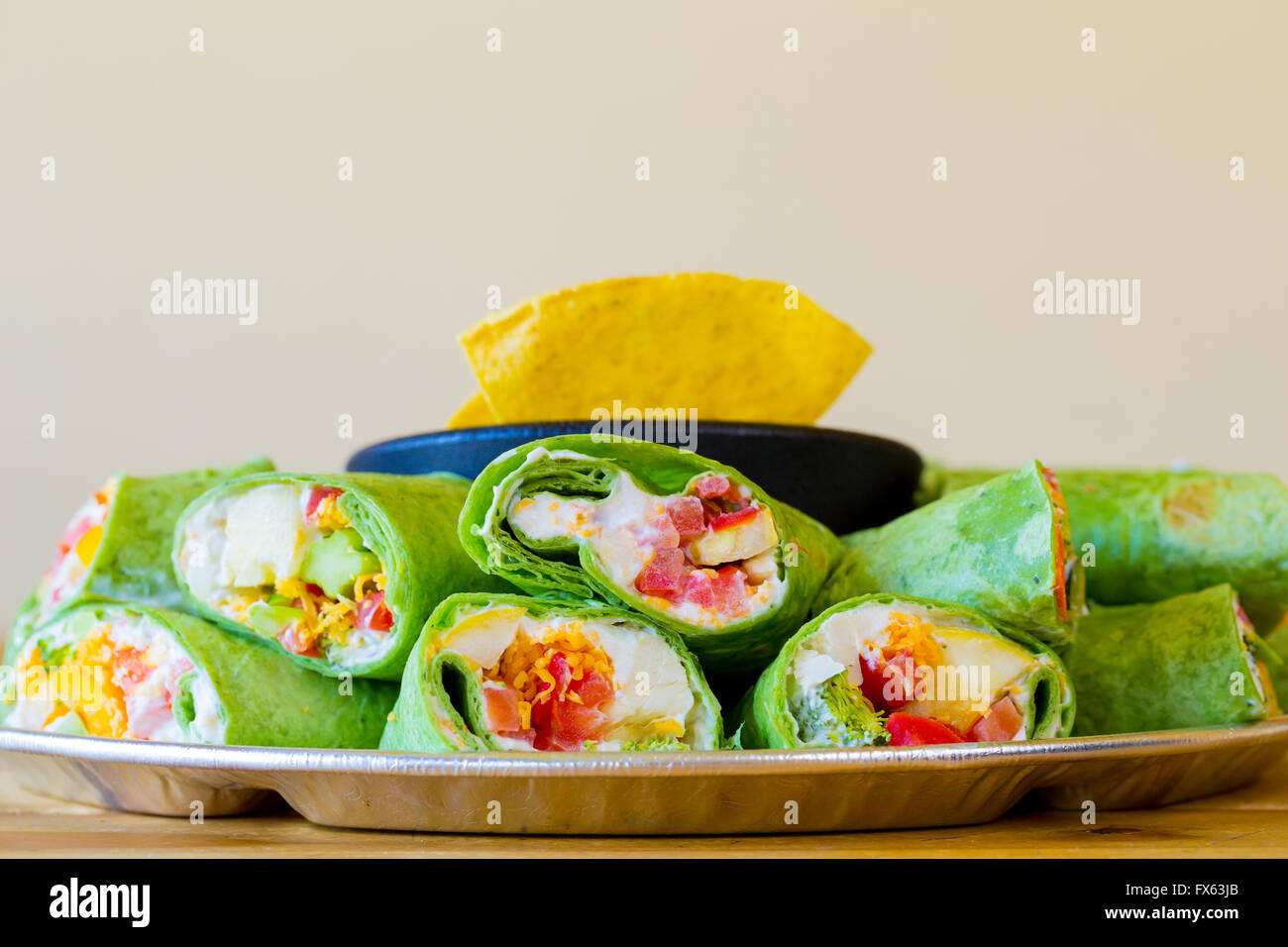 Mexican restaurant offering a gluten-free alternative to their traditional cuisine with these vegan veggie vegetarian wraps. Stock Photo