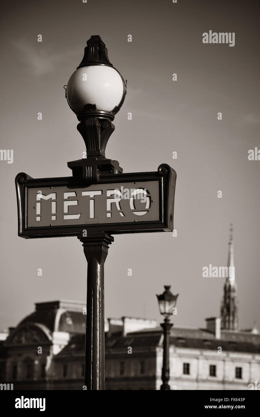 Vintage metro sign in Paris street. Stock Photo