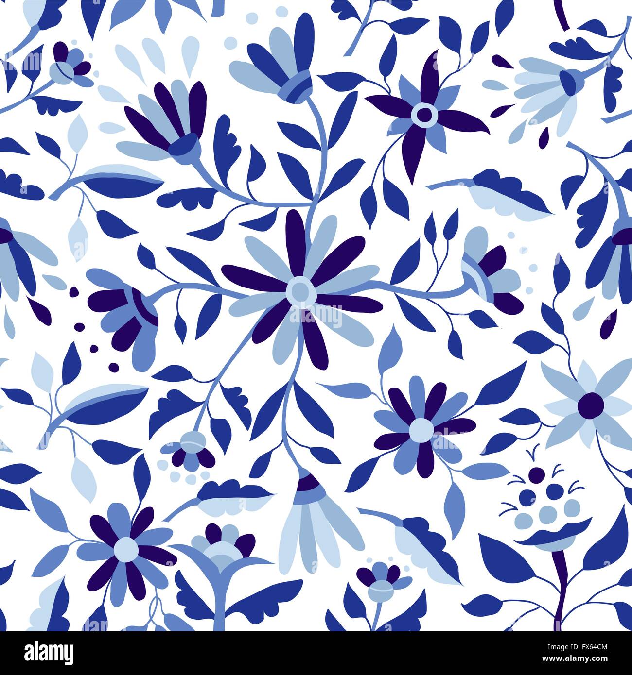 Blue indigo color seamless pattern with vintage flower illustrations, spring time season floral background art. EPS10 vector. Stock Vector