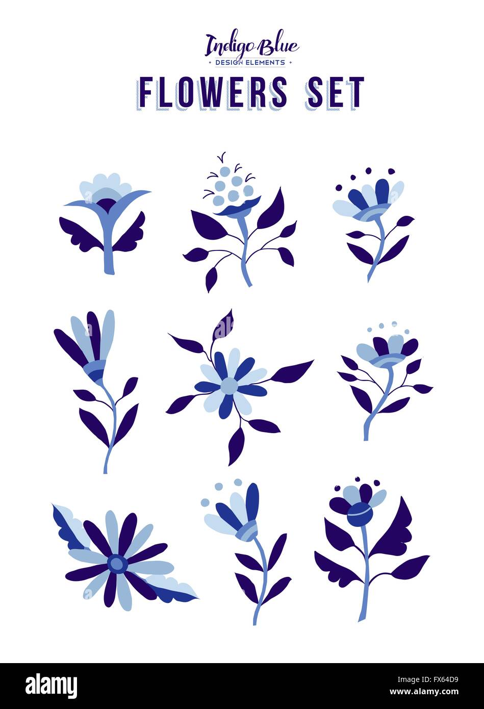 Set of indigo blue flower icon elements, trendy spring time nature illustrations in vintage style. EPS10 vector. Stock Vector