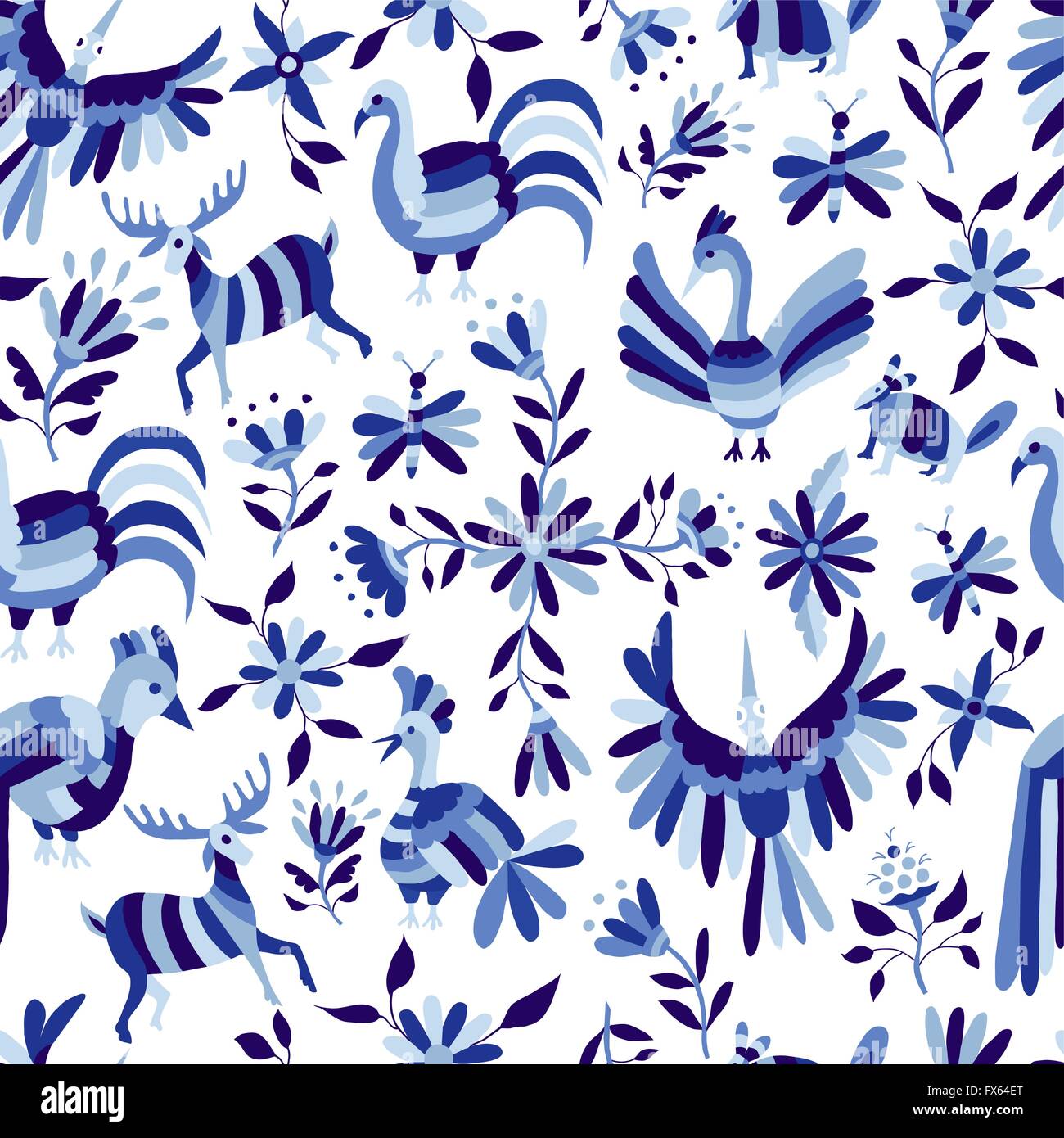 Vintage style nature seamless pattern, animals and flowers design in indigo blue color. EPS10 vector. Stock Vector